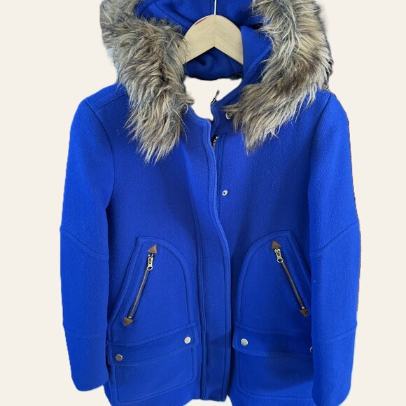 J.Crew Italian Stadium Cloth Wool Blend Hooded Coat Blue Faux Fur Trim Sz 8 - Picture 2 of 10